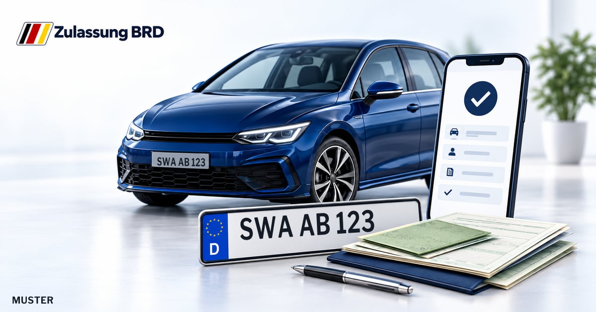 Online Fahrzeugzulassung in Eltville am Rhein: Musterkennzeichen SWA AB 123, Auto und Fahrzeugpapiere und Smartphone. Illustration mit Logo von Zulassung BRD.